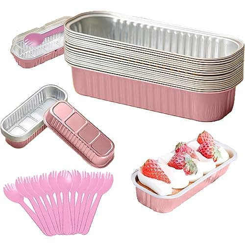 MJPCUAU 12Pack Mini Loaf Pans with Lids and Spoons, 6.8oz Disposable Rectangle Aluminum Foil Oven Cake Container, Baking Bread Muffin Dessert Tins for Family Gatherings and Picnics (Pink)