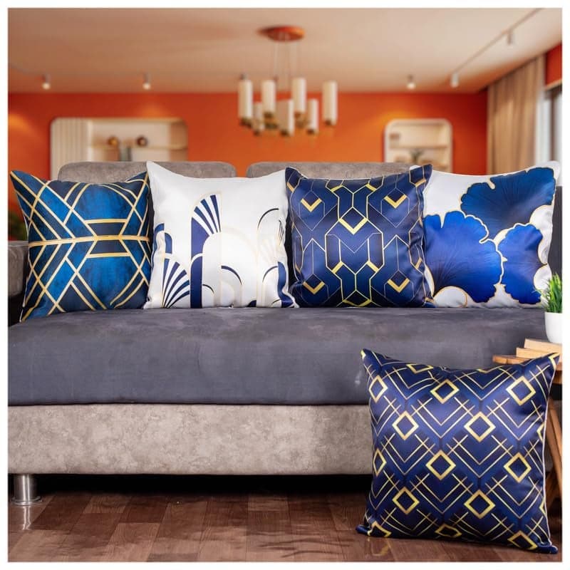 Vendola Decorative Satin Sofa Cushion Covers Set of 5, 16 inch x 16 inch, Sofa Pillow Cover, White and Blue, Geometrical Design, Zipper Closure (Ultra Marine, 16X16 Inches)