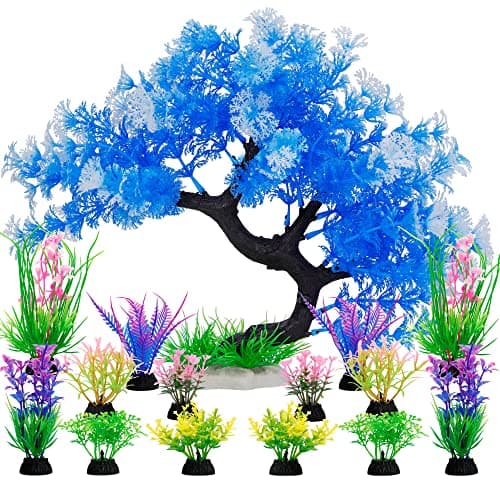 MyLifeUNIT Fish Tank Decorations 15 Pack Artificial Aquarium Plants Tree Set for Fish Tank Decor Bule Set