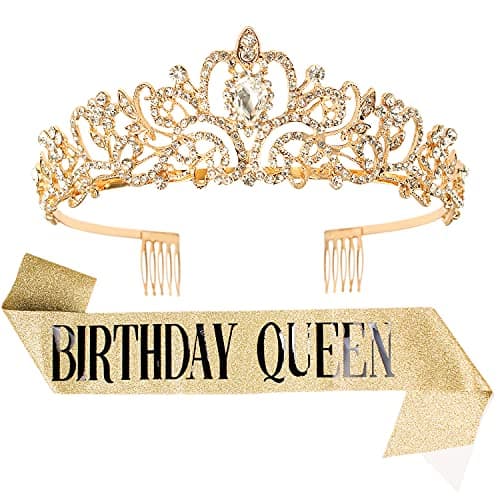 Velscrun Birthday Queen Tiaras Crown for Women, Girls Princess Crowns for Women, Queen Tiara for Mom, Golden Yellow Rhinestones Birth Crown Headband Birth Sash, 50th Birthday Prom Party Decorations