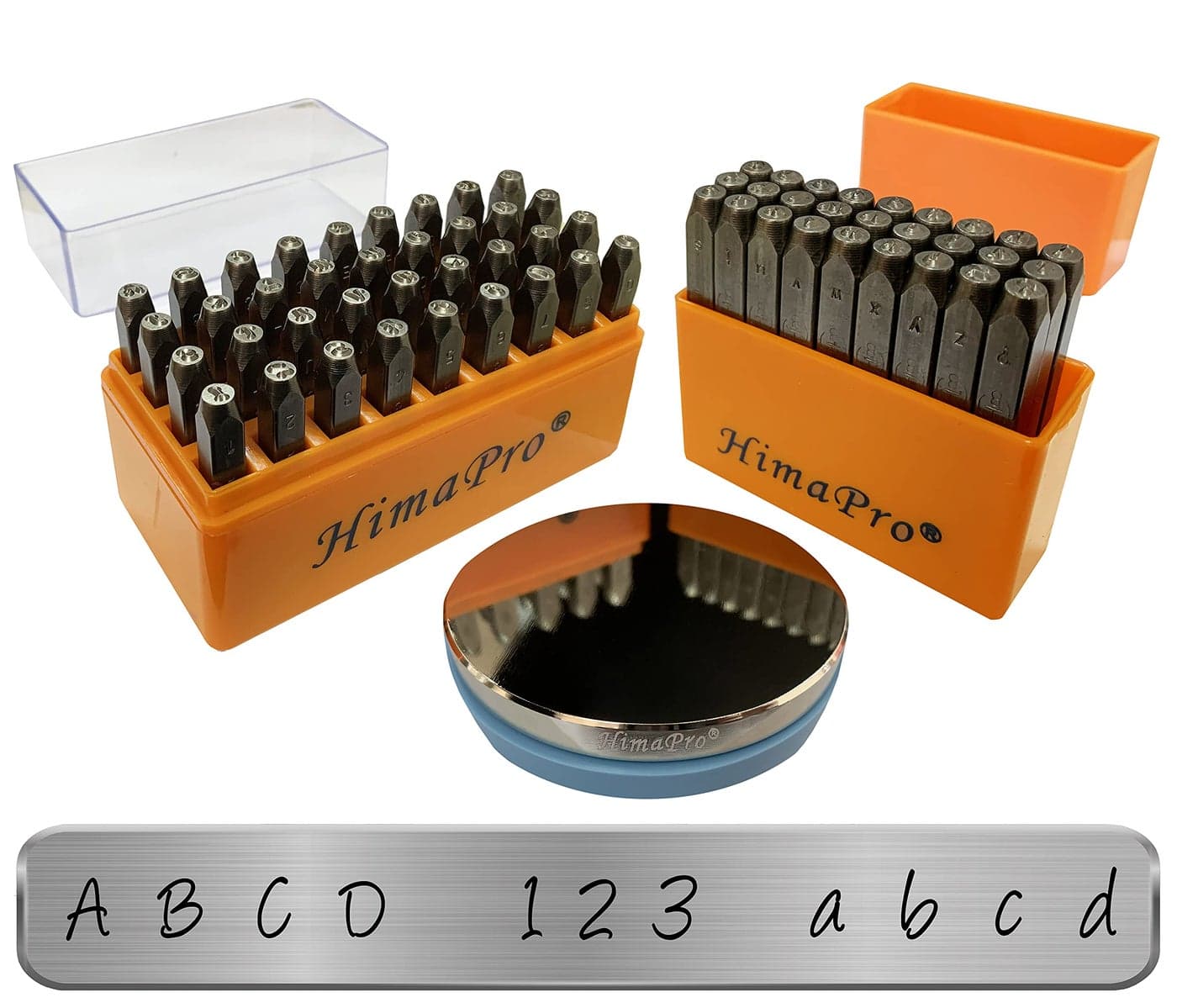 HimaPro 183mm 63 PCs Artistic Styled Number and Letter Metal Stamp KitAZ az 09 with 3 NoRebound Steel Bench Block