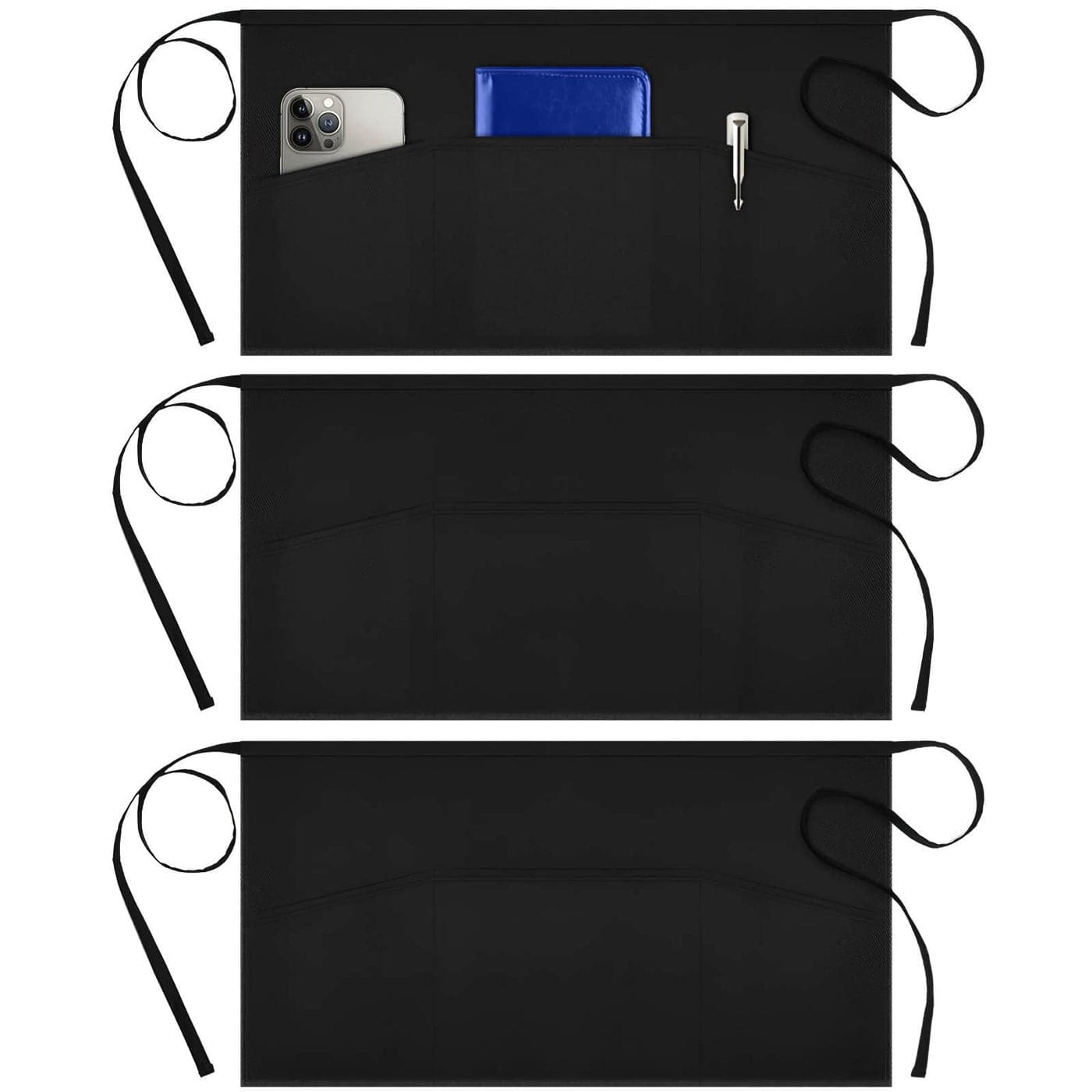 Syntus 3 Pack Server Aprons with 3 Pockets Waterdrop Resistant Waitress Waiter Waist Apron 115inch Black