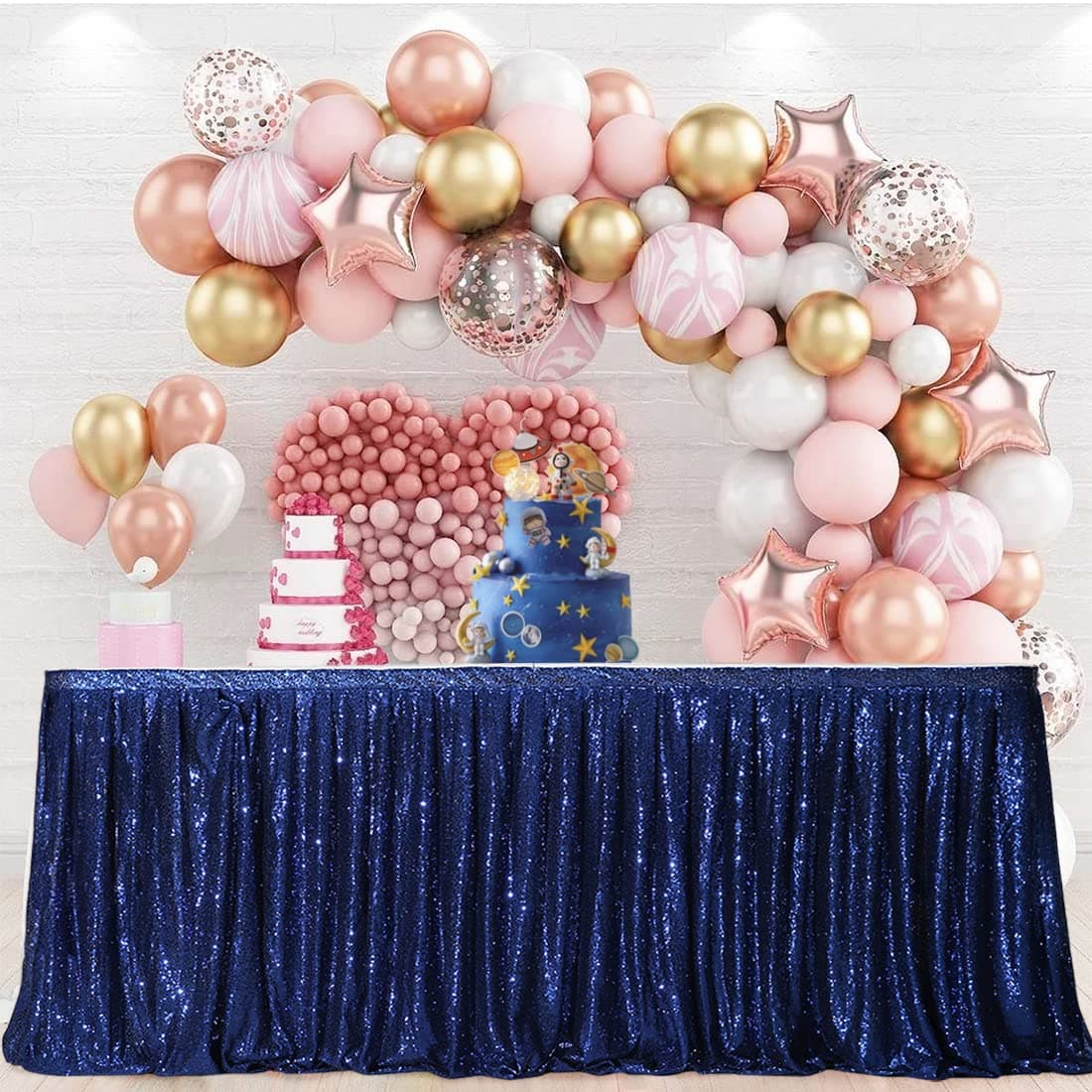 PartyDelight 6ft Navy Blue Sequin Table Skirt for Round/Rectangle/Square Table for Birthday Party Wedding Christmas.