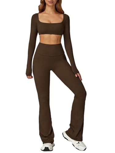 ABOCIW Workout Sets Flared Leggings Long Sleeve Crop Tops for Women Workout Crop T Shirt Top Scrunch Butt Lifting High Waist Yoga Pants Gym Sets for Women 2 Piece YCoffee Small