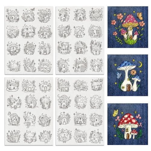 BENECREAT 4Sheets 48Pcs Mushroom Hut Water Soluble Embroidery 117x83inch Stick and Stitch Embroidery Paper Stabilizer Water Soluble Hand Sewing for Shirts Coats Bags