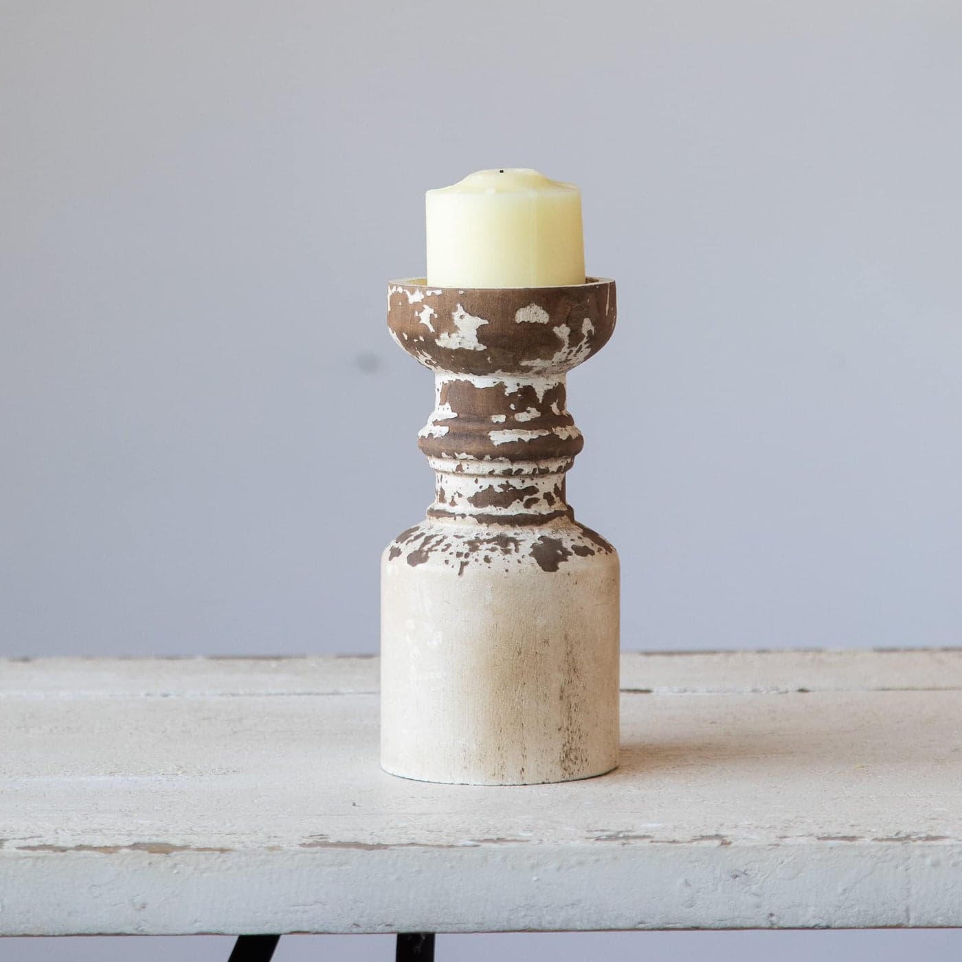 Rustic Candle Holder for Pillar Candle White Distressed Farmhouse Wooden Pillar Candle Holders Antique Candlestick Holder for Dining Table CenterpiecesCoffee Table Decor 45 x 45 x 9