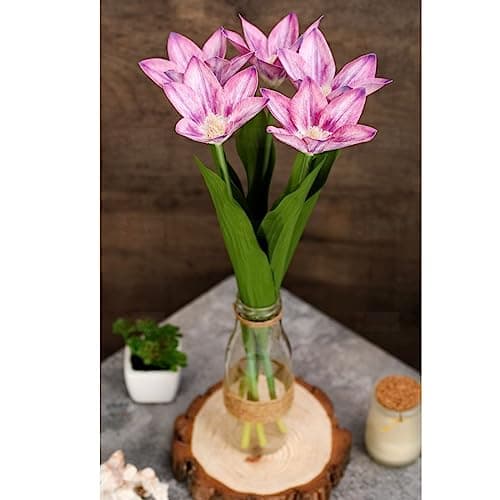 SATYAM KRAFT 5 Pcs Lily Artificial Flower Sticks Gift for Diwali, Deepawali & New Year | Decoration for Home, Office, Corner, Bedroom, Pooja Room, Wedding, Events & Gifting (Pack of 5 Sticks) (Purple)