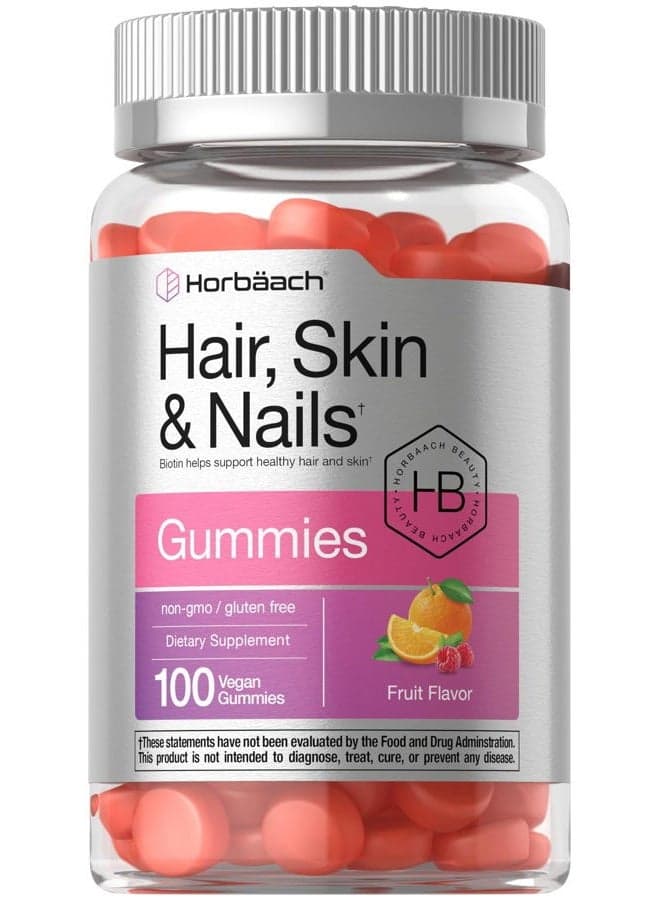 Hair Skin and Nails Gummies | 100 Count | with Biotin | Fruit Flavored Vitamins | Non-GMO, Gluten Free Supplement
