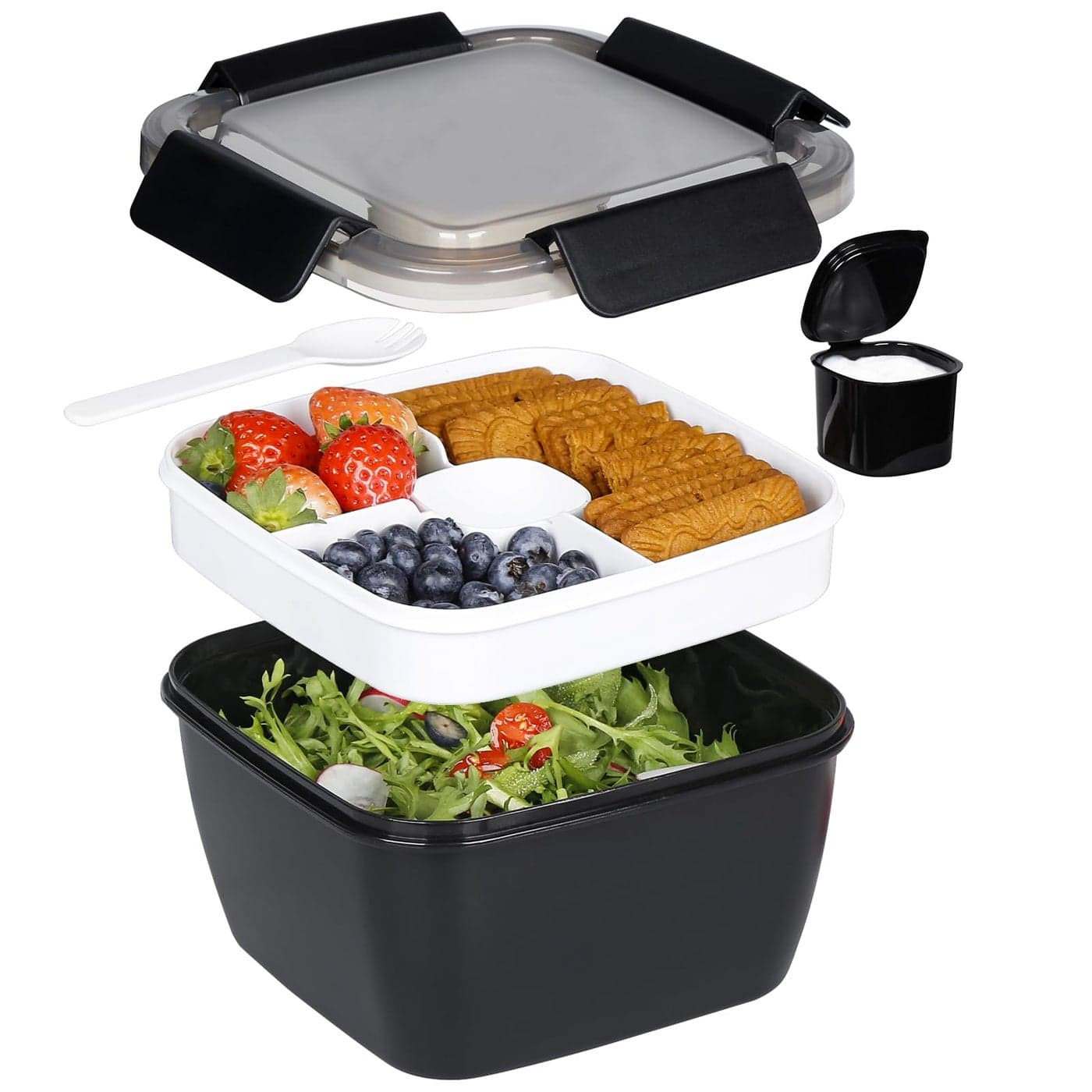 Greentainer 52 OZ to Go Salad Container Lunch Box BPAFree 3Compartment for Salad Toppings and Snacks Salad Bowl with Dressing Container Builtin Reusable Spoon Microwave SafeBlack