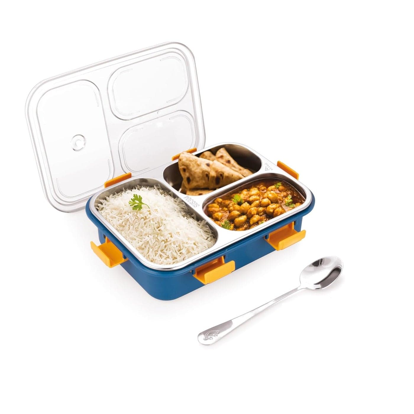 Attro Bento 3 Compartment Stainless Steel Lunch Box with Steel Spoon Heating Water Insulation Design for Office School Travelling 750ml Navy Blue