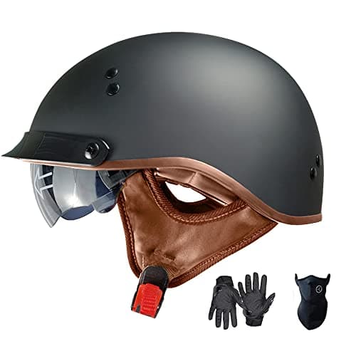 Motorcycle Half Helmet with Retractable Inner Sun Shade Quick Release Buckle DOT Approved Half Face Cycling Helmets for Men Women Adult (Black, X-Large)