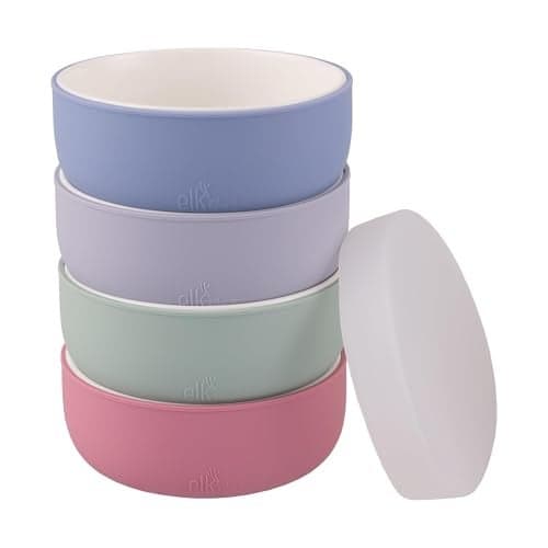 Elk and Friends Kids Porcelain Bowls with Silicone Sleeve Silicone Lid KidsToddlerBaby Feeding Microwave Dishwasher Safe Non slip CerealSoupSnack Dishes Dinnerware