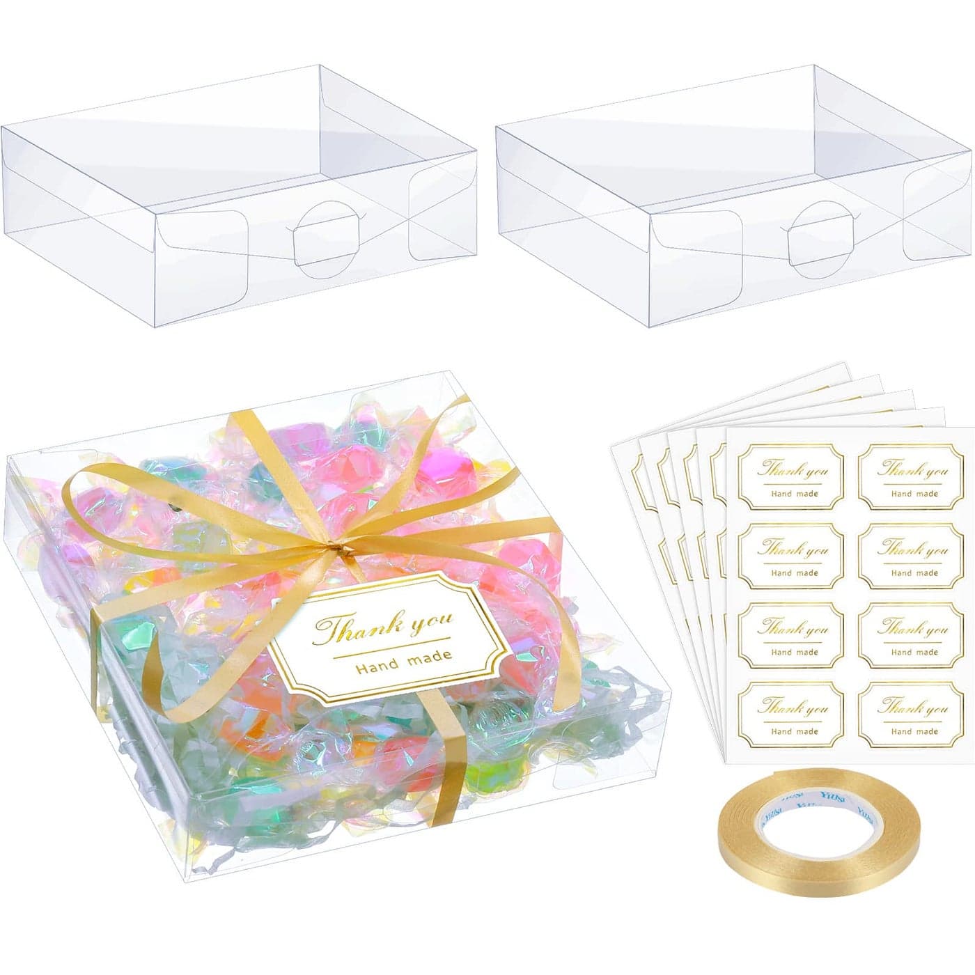 TaoBary 35 Pcs Clear Favor Boxes for Gift 4 x 4 x 12 Inch Transparent Rectangle PVC Plastic Boxes 40 Pcs Thank You Label Stickers and 1 Roll Gold Ribbon for Wedding Candy Chocolate Birthday