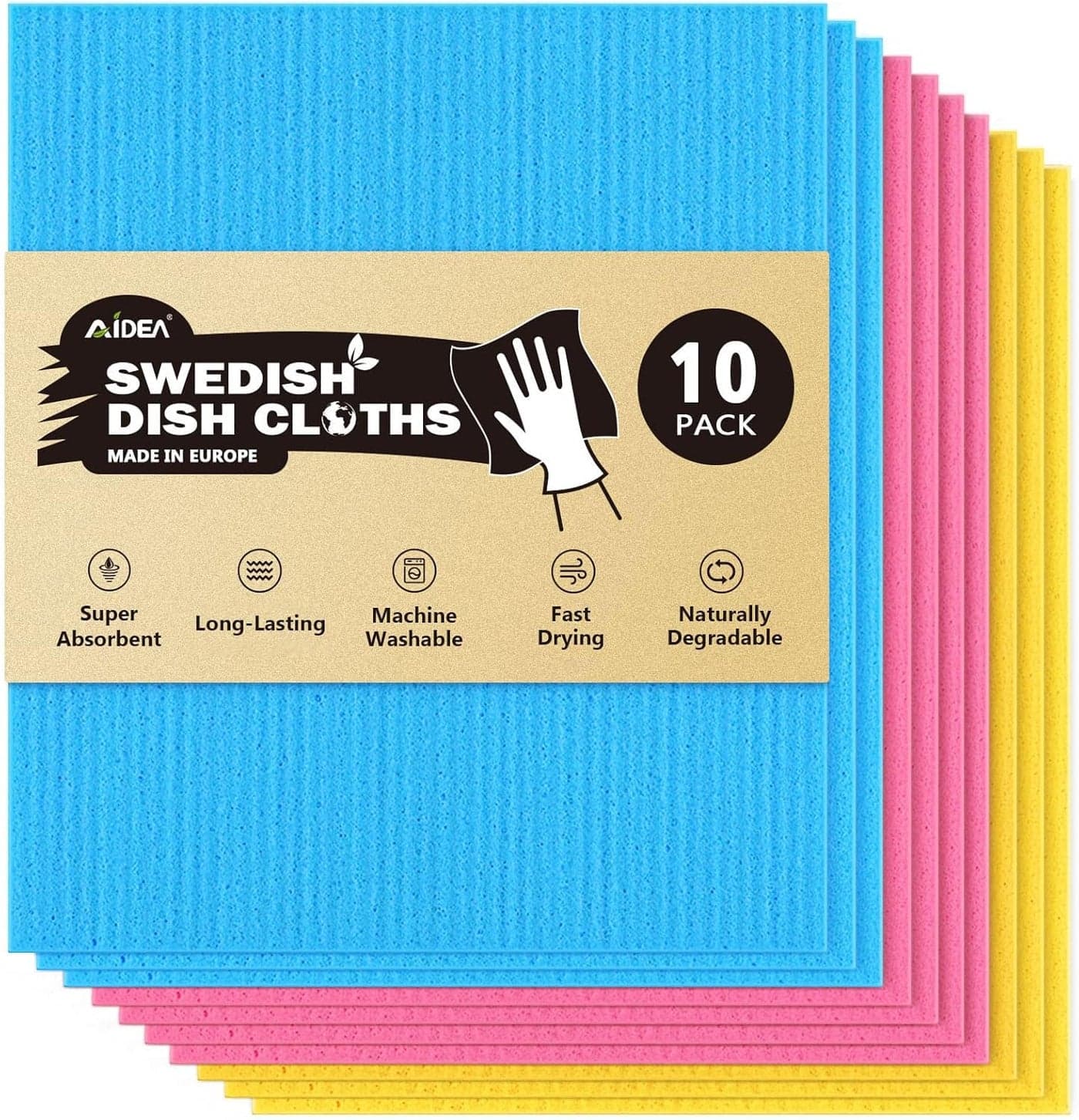 AIDEA Swedish Dish Cloth, 10PK, Swedish Dishcloths for Kitchen, Reusable Paper Towels Washable, Sponge Cloths Kitchen, Absorbent Dish Rags, Swedish Towels Kitchen Cloth, 7"x6"