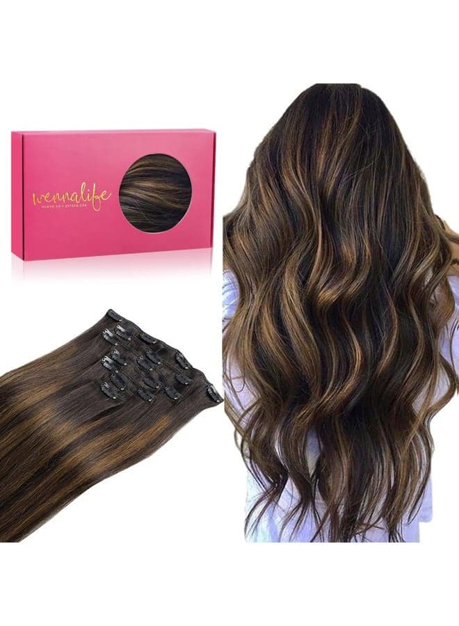 WENNALIFE Clip in Hair Extensions Real Human Hair, 18 Inch 120g 7pcs Dark Brown to Chestnut Brown Balayage Hair Extensions Clip In Human Hair Remy Clip in Hair Extensions Real Human Hair Double Weft