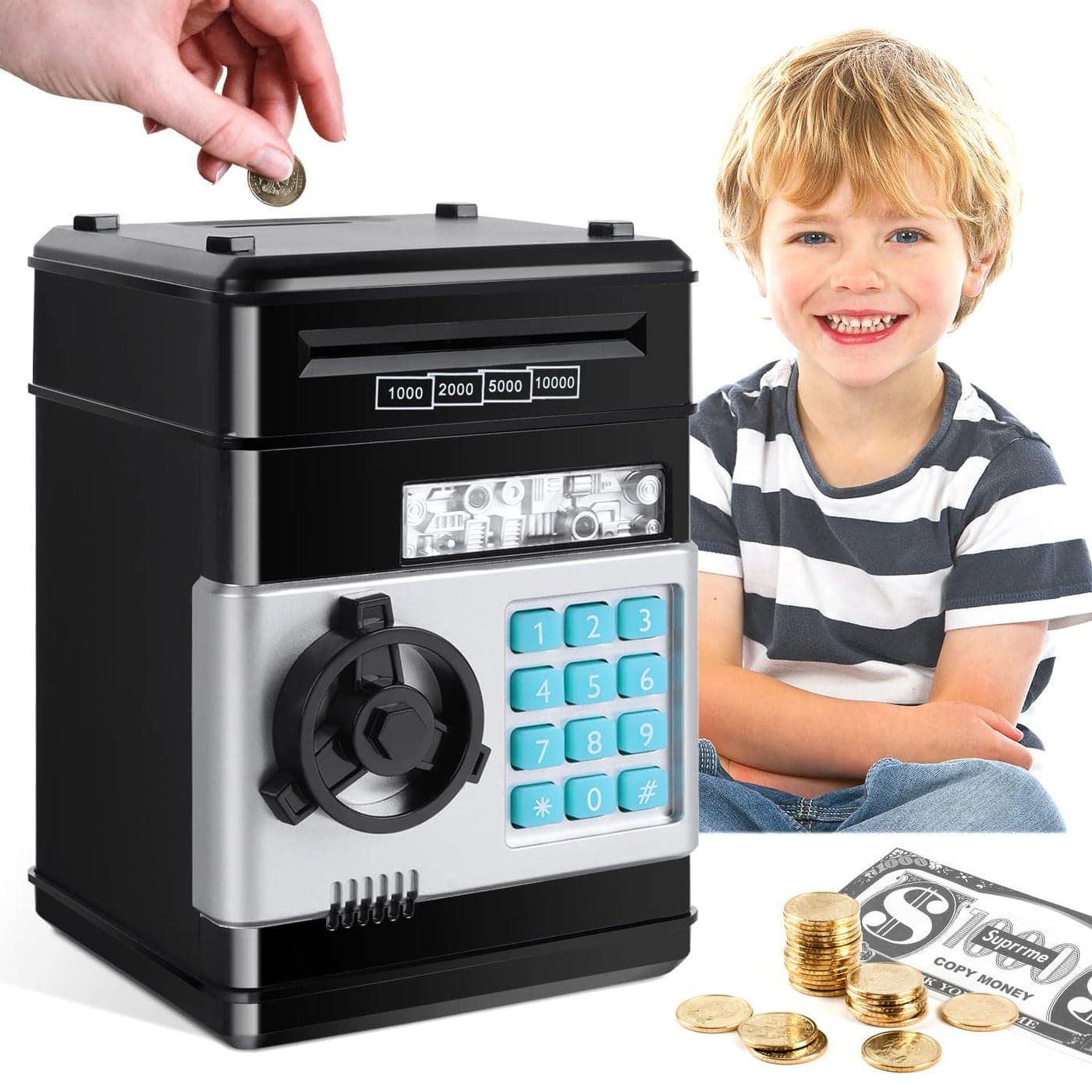 GuDoQi Password Piggy Bank Digital Electronic Money Bank Mini ATM Cash Coin Saving Can Toys Birthday Gifts for Kids Black