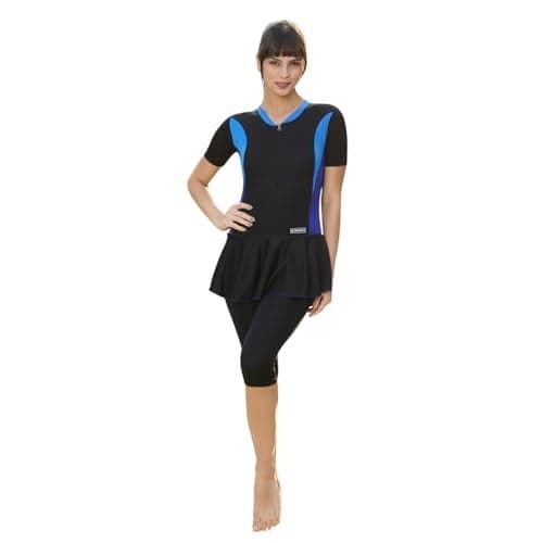 ROVARS Poly Spandex Half Sleeves Three Fourth Frock Style Swimming Costume for Women with Removable Chest Pads (in, Alpha, S, Regular, Black)