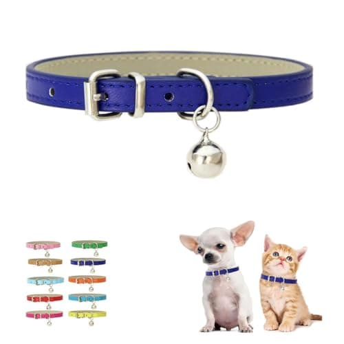 Bell Collar for Cats, Puppy Collar with Bell, Cat Collars Boy Soft Faux Leather Adjustable for XXS Xs Small Pet Dogs Animal Litter Tiny Kitten Male Girls, Dark Blue,XXSmall