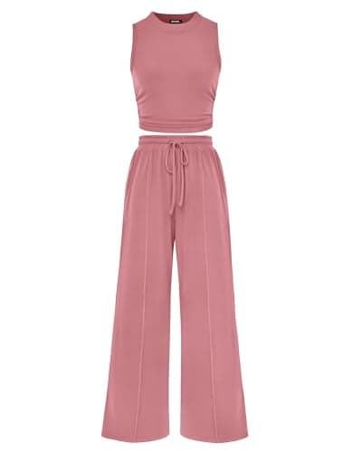 BTFBM Summer Outfits For Women 2026 Ribbed Sleeveless Tank Tops Wide Leg Pants 2 Piece Sets Lounge Set Clothing(Pink, Medium)
