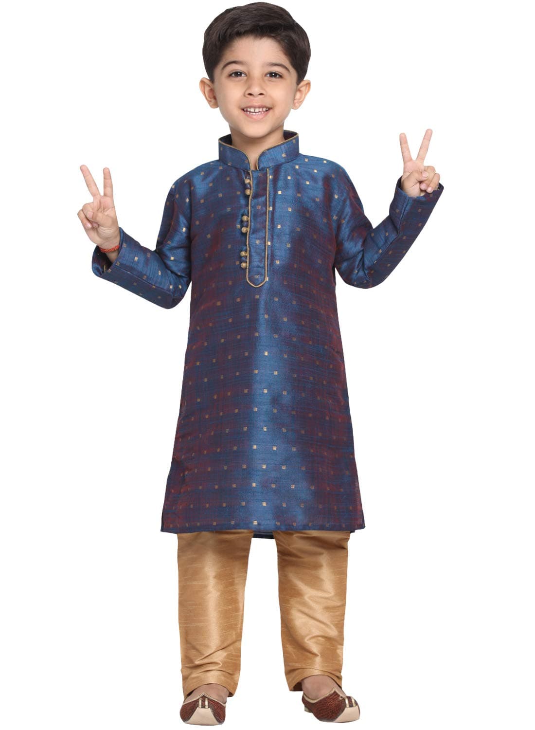 JBN Creation Boys' Persian Blue and Rose Gold Silk Blend Kurta and Pyjama Set_VASBK023BUnPRG_20