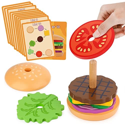 Aizweb Montessori Toys for 3 Year Old Wooden Burger Stacking Toys for Toddlers and Kids Preschool Educational Toys Fine Motor Skill Toy Blocks for Toddlers Learning Toys