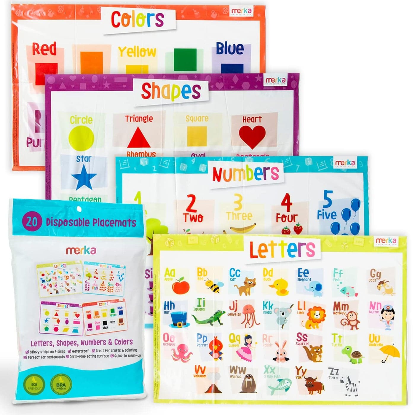 merka Disposable Placemats for Baby and Toddlers 12 x 18 20 Pack Stickon Table Mats for Restaurants Includes Shapes Numbers Letter Colors