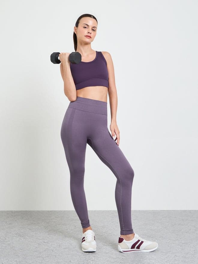 Styli Purple Tonal Texture Broad Waistband Leggings