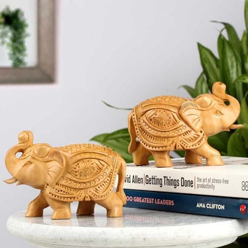 SANDECO 3" Wooden Handcrafted Elephant Pair Jhuldaar Craving Up Trunk Statue Showpiece Gifts for Home Decor Living Room and Office (Set of 2, Brown)