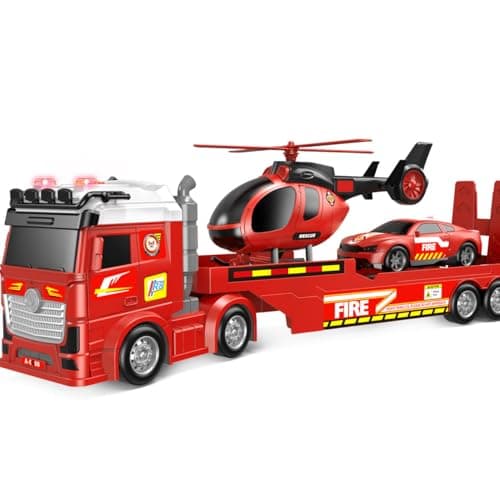 DWIRCTOYS Kids Toys for Ages 3 4 5 6 7 8 Years Old Boys 25 Large Fire Semi Truck with Helicopter Race Car Friction Powered Vehicle with Lights SoundsBirthday Gift for Boys Girls