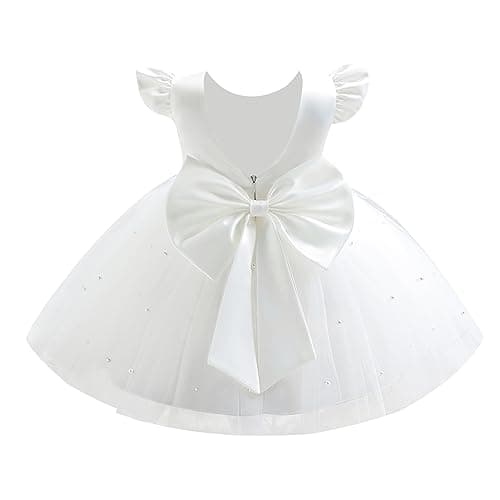 Infant Baby Girls Wedding Flower Girl Dress Ruffle Sleeve Satin Pearls Tulle Tutu Dress Bowknot V Back Pageant Party Birthday Formal Christening Baptism Dresses 6-12 Months