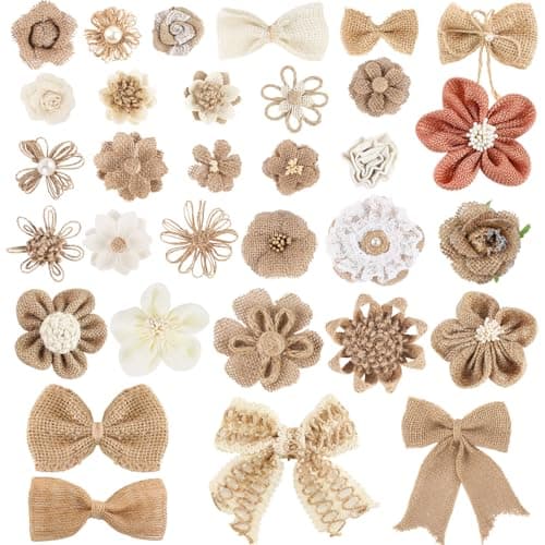VGOODALL 32 PCS Natural Burlap Flowers Set, Burlap Bows and Scrapbook Embellishments for Wedding Party Decor Home, Embellishments for Crafts