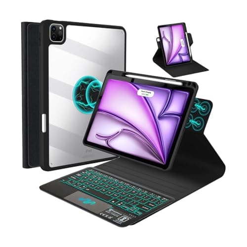 iPad Keyboard Case for iPad Air 11 M3 2025/ M2 2024/ 5th/4th Gen & iPad Pro 11 inch with 7-Colors Backlit, Large Touchpad, 360° Rotating Folio & Adjustable Angle, Transparent Cover, Pencil Holder