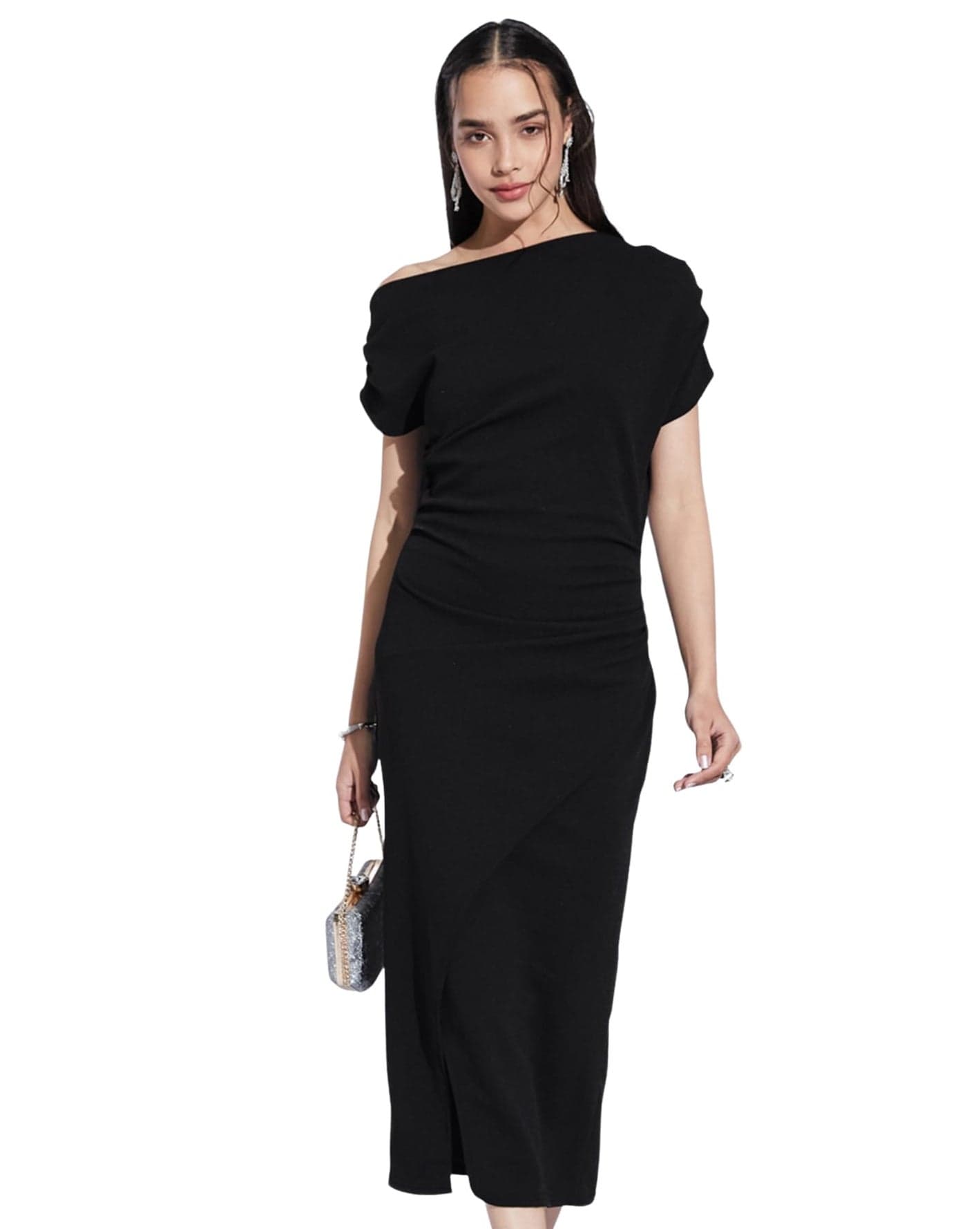 SIRIL Women Midi Polyester Solid, Bodycon Dress (775DTK12021-L_Black)