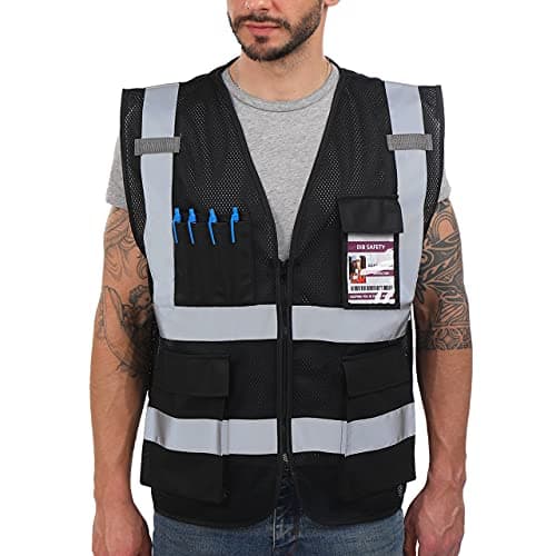 Dib Safety Reflective Mesh Vest High Visibility with Pockets and Zipper, Black Mesh XL