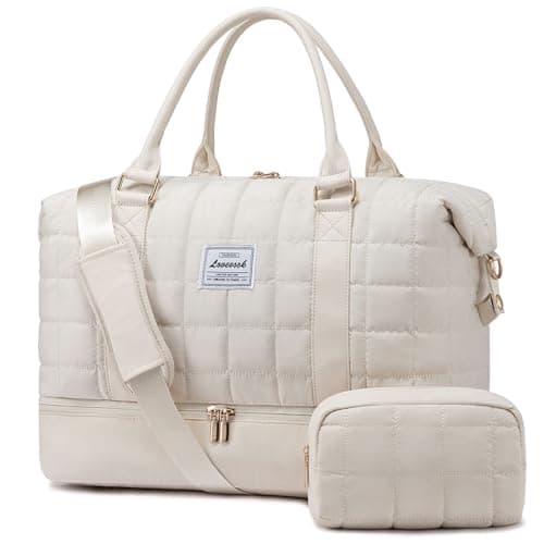 LOVEVOOK Large Duffle Bag for Travel Puffer Weekend Bags for Women Travel Tote Carry on Duffel Bag for Airplanes 18 Inch Personal Item Bag Gym Bag Women Beige
