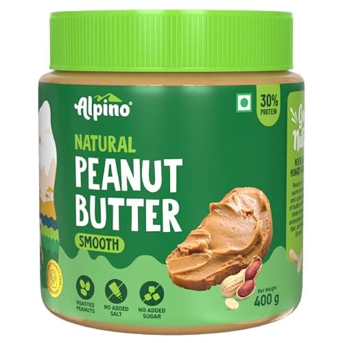 ALPINO Natural Peanut Butter Smooth - Made with 100% Roasted Peanuts - 30g Protein, No Added Sugar & Salt, Gluten Free, Unsweetened Peanut Butter Creamy (400 G)