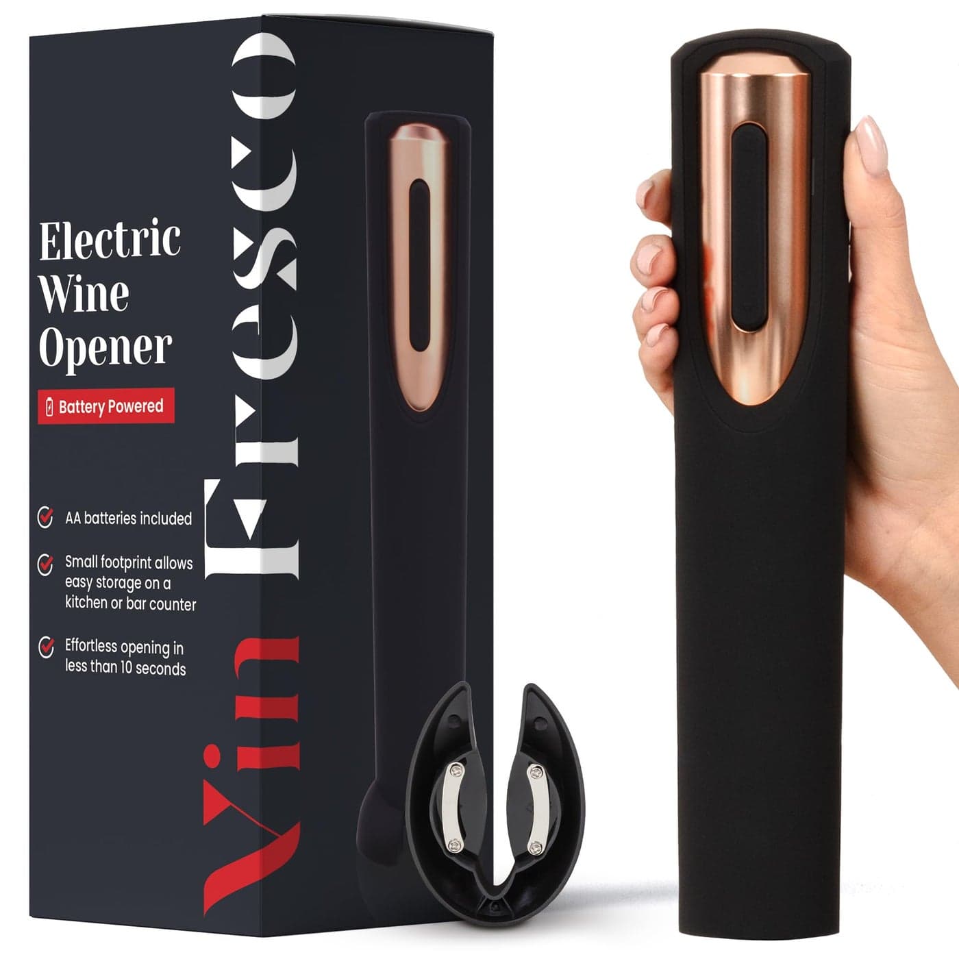 Electric Wine Opener Battery Operated with Stand and Builtin Foil Cutter Automatic Wine Opener Electric Corkscrew for Easy Cork Removal Best Gift for Wine Lover Black Rose Gold