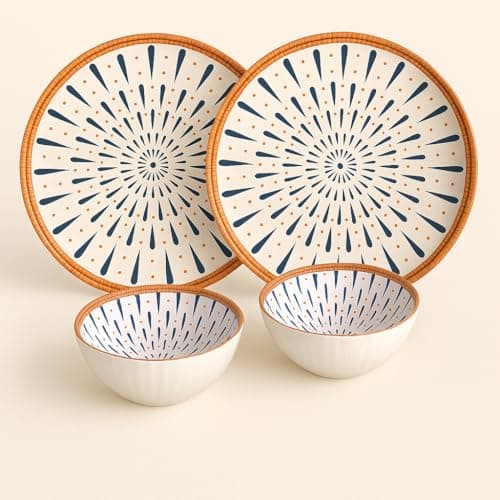 YELONA Japanese Ceramic Dinnerware Set of 4 - (2 Bowls + 2 Plates) | Droplet Design | 300ml Bowls (11.5cm), 8-Inch Plates (20.5cm) | Microwave & Dishwasher Safe | Elegant Blue & Orange Glazed Finish