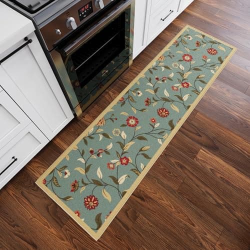 Ottomanson Hallway Runner Rug 1'10" x 7' Non Slip Floral Area Rugs Easy to Clean Laundry Rug Runner Durable Floor Carpet Runners for Hallways Entryway Living Room Kitchen Bathroom, Seafoam Green