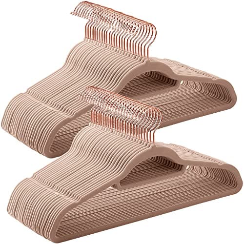 SONGMICS Velvet Hangers, Set of 50 Clothes Hanger with Rose Gold Swivel Hook, Non-Slip, and Space-Saving, 0.2-Inch Thick, 17.1-Inch Long for Coat, Shirt, Dress, Pants, Tie, Caramel Brown UCRF021LB50