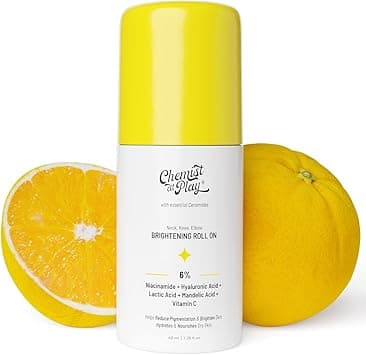 Chemist at Play Brightening Whitening Roll On Serum For Neck Knee Elbow With 6 Vitamin C Hyaluronic Acid AHAs Niacinamide Ceramides