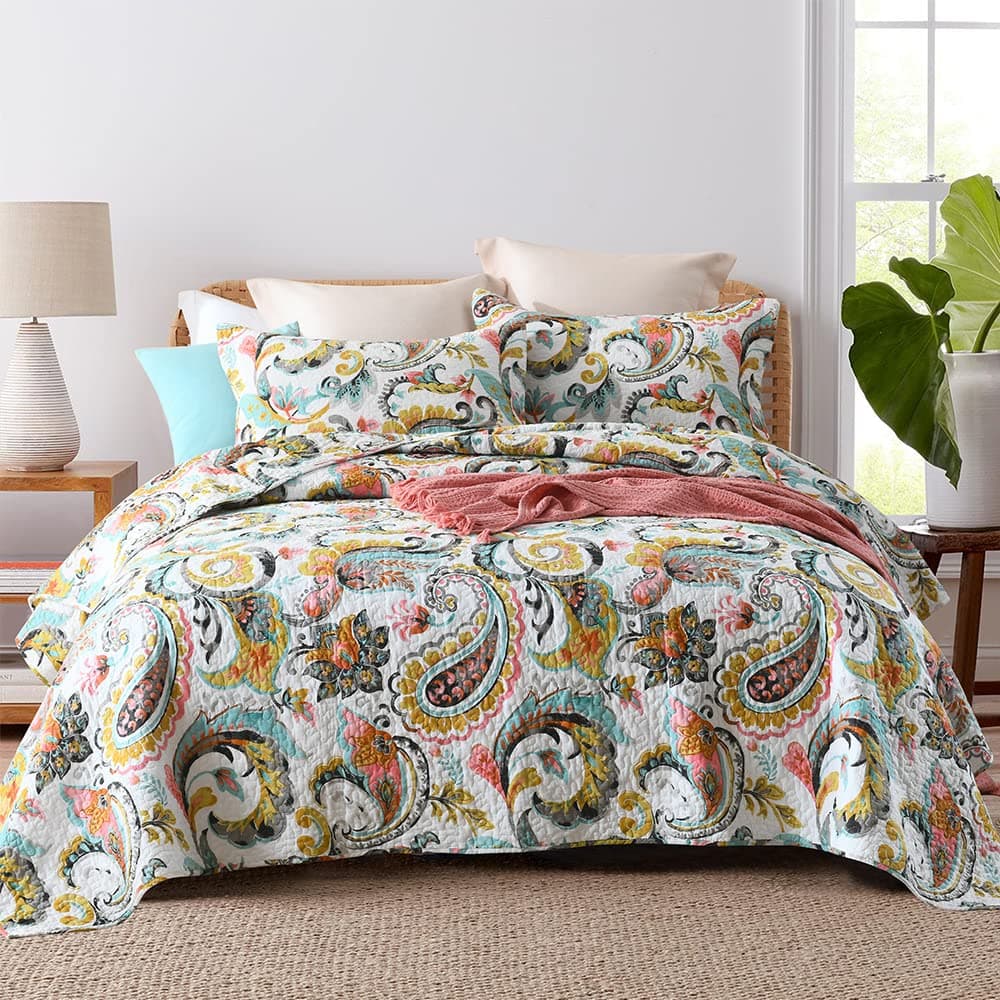 Autumn Dream Cotton Bedspread Quilt Sets 3 Pieces Reversible Comforter Coverlet SetsWhite Floral PaisleyQueen Size