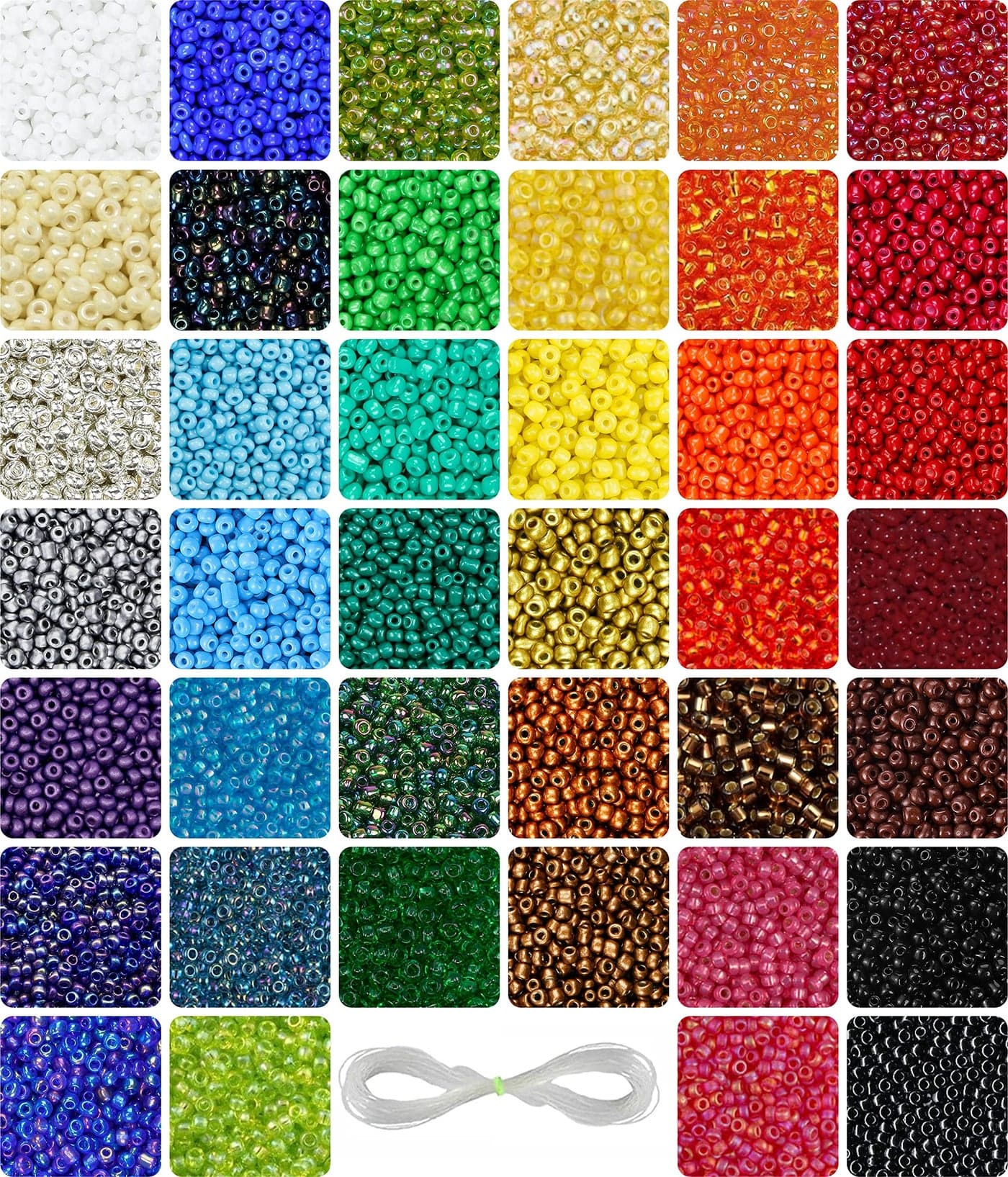 INDIKONB 40 Colors 2 mm Seed Beads Jewellery Making Material - Includes Small Multicolor Seed Beads & Nylon Wire Thread (2 mm - 11/0, 40 Colours)