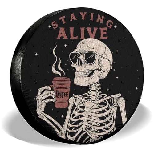 GENANY Staying Alive Skeleton PVC Leather Halloween Spare Tire Cover, Universal Fit for Jeep, RV, Trailer, Camper, Size 15, Spring Car Decor
