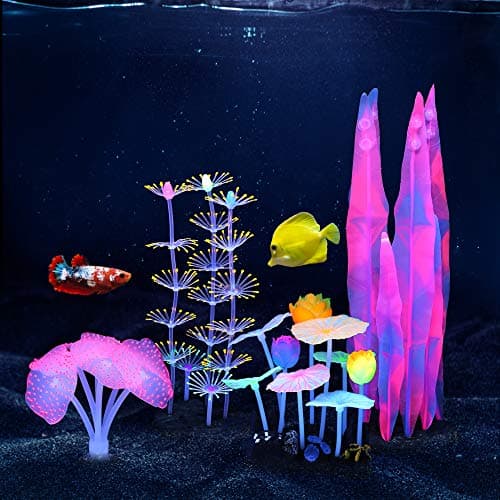 Lpraer 4 Pack Glow Aquarium Decorations Coral Anemone Lotus Leaf Seaweed Simulation Glow Plant Glowing Effect Silicone for Fish Tank Decorations