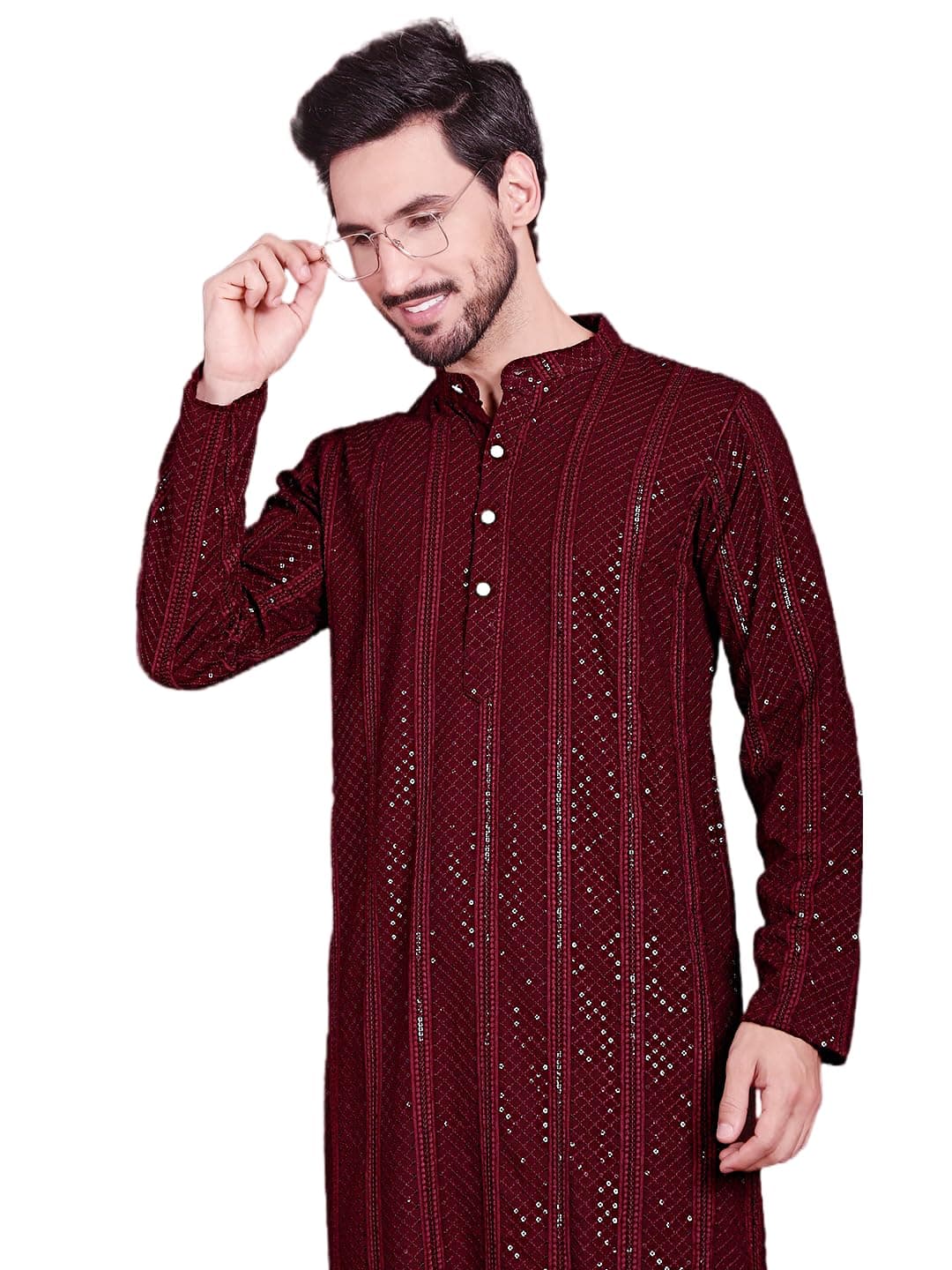 Jompers Men's Sequins Chikankari Embroidered Kurtas (Maroon, L)
