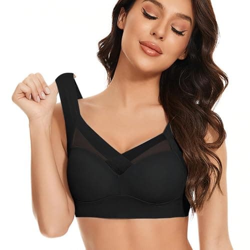 SSoShHub Women Nylon Spandex Seamless Mesh Lace Seamless Bras for Women Wirefree Comfortable Padded Lift Push Up Thin Soft Sexy Back Smoothing Bra Pullover Bras Black