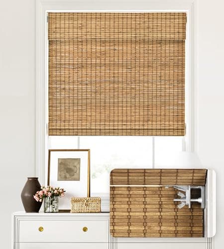 LazBlinds No Tools No Drill Cordless Bamboo Roman Shades, Light Filtering Window Treatment, Roll Up Bamboo Blinds for Windows 21'' W x 64'' H, Eastfield Teak