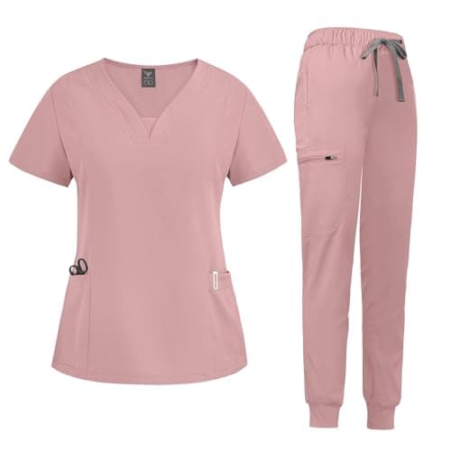 niaahinn Scrub Suit Set for Women Modern V-neck Top & Tapered Leg Jogger Pants with Drawstring Medical Nursing Uniforms Set (Pink, M)