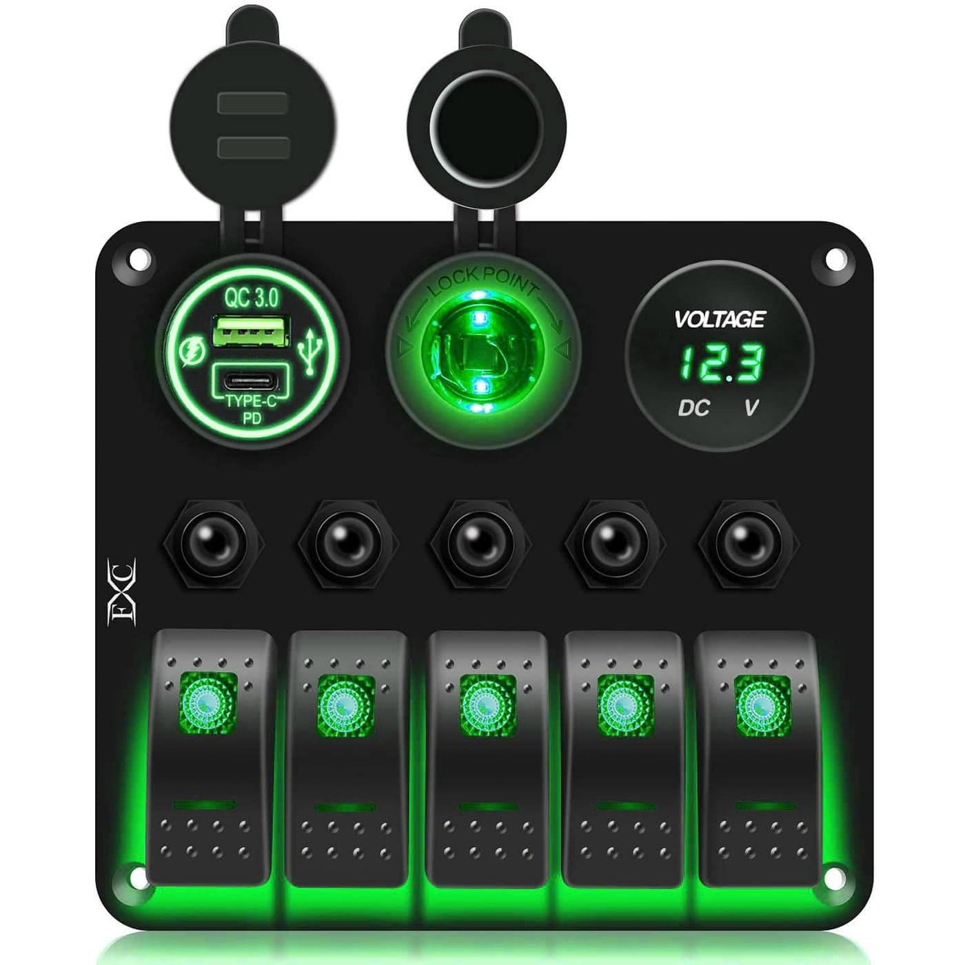 FXC Waterproof Marine Boat Rocker Switch Panel 5 Gang with QC3.0 USB & Type-C Slot Socket + Cigarette Lighter +LED Voltmeter with Overload Protection for Car Rv Vehicles Truck (5 Gang Green LED)